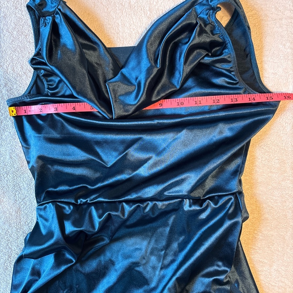 Revolution Dancewear Dark Teal Satin Midi Dress w Built in Leotard, Adult Small - Picture 6 of 9
